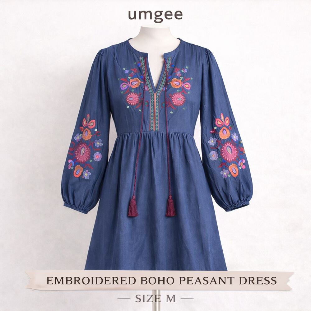 Umgee Blue Embroidered Boho Dress Floral Peasant Tassel Sleeve Size M